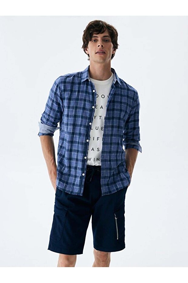 Karelı Lacivert Gömlek - 1