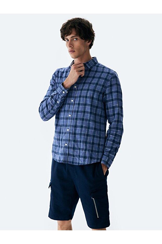 Karelı Lacivert Gömlek - 4