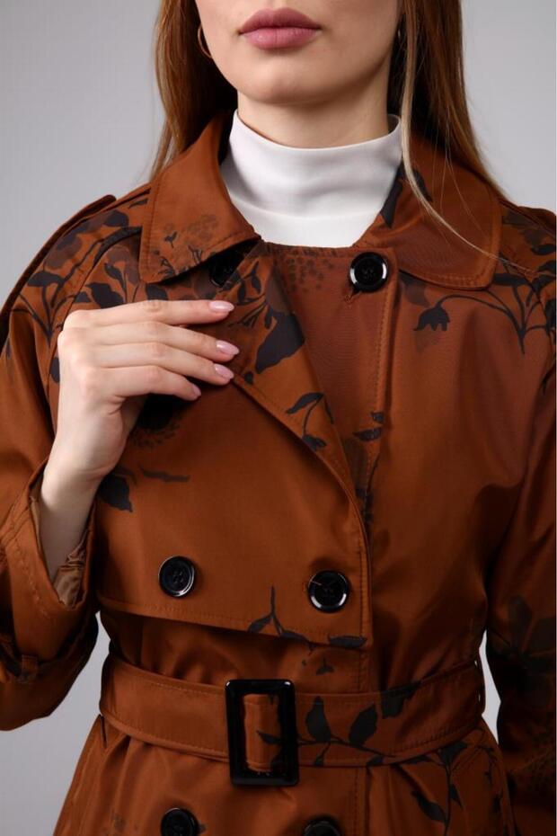 Floral Patterned Lined Long Women's Trench Coat