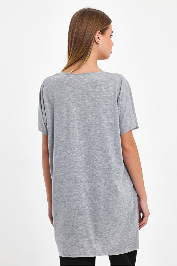 Kadın V Yaka Yırtmaçlı Oversize Basic Tişört - 7