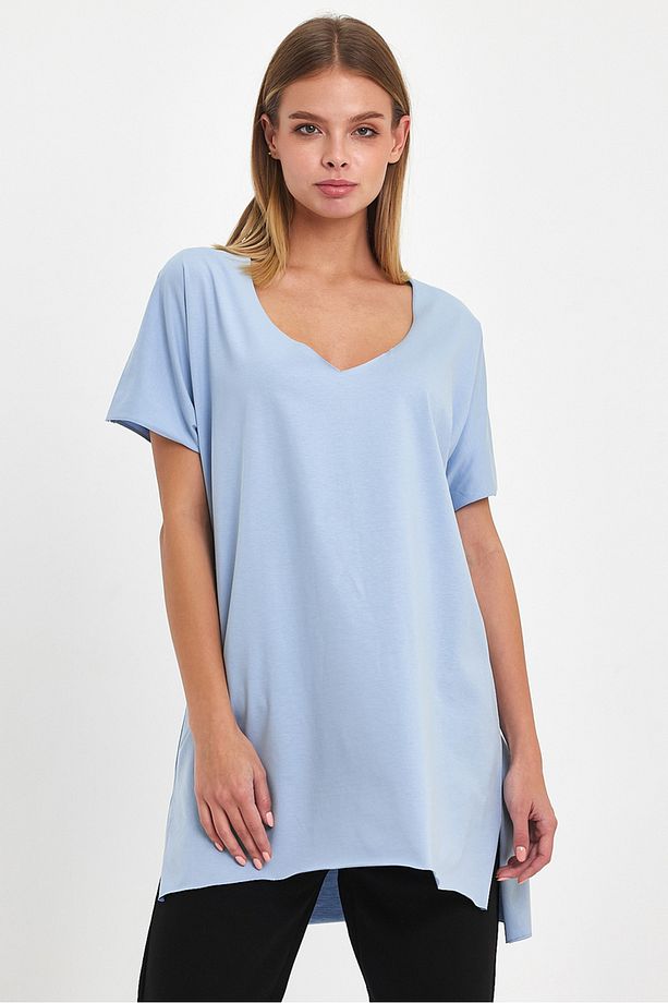 Kadın V Yaka Yırtmaçlı Oversize Basic Tişört - 6