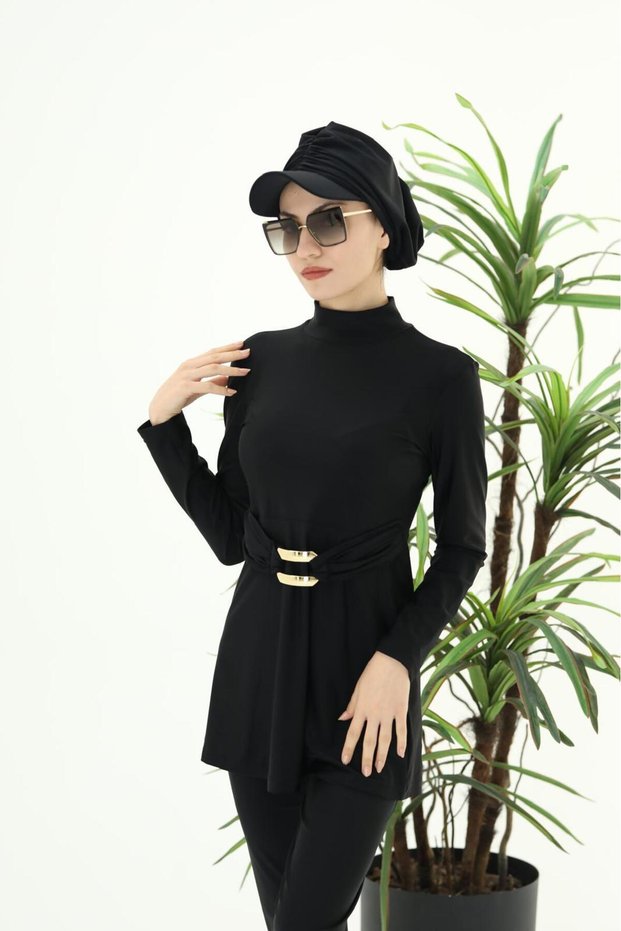 Aren Gold Buckle Detailed Design Hijab Swimsuit Set