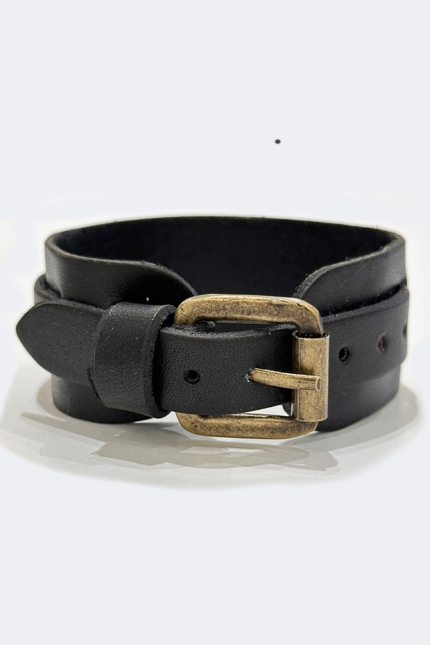 El Işçiliği Tek Kemerli Siyah Erkek Deri Bileklik - 3