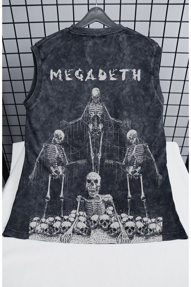 Megadeth Skeleton Baskılı Yıkamalı Kolsuz Tişört, Unisex Rock Band Temalı Retro Sıfır Kollu Atlet - 2