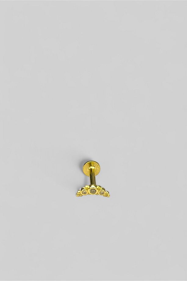 925 Ayar Gümüş Üzerine Mikron Altın Kaplama Üç Taşlı Minimal Gold Piercing Tragus Helix - 2