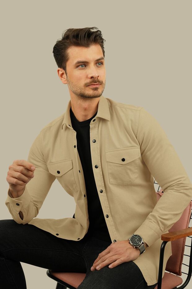 قميص رجالي من الدنيم باللون البيج Slimfit Real