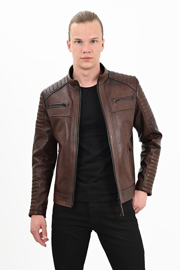 Sandor Genuine Leather Men's Wax Brown Leather Coat