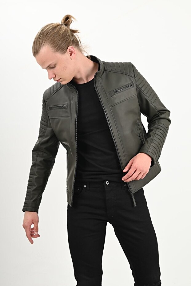 Sandor Men's Genuine Leather Embossed Stitched Leather Jacket Green