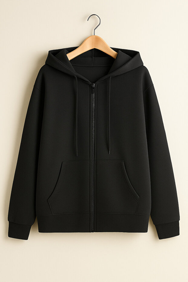 Ck Butik Unisex Hooded Black Basic Sweatshirt with Zipper Pocket