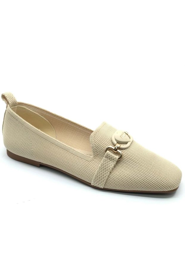 Feles Blunt Toe Heart Buckle Detailed Women's Ballerina Shoes Beige
