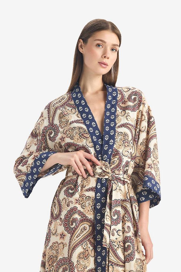 Regular Fit Kuşaklı Etnik Desenli Pamuklu Kimono-Fall in Love D0456AX25SP - 6