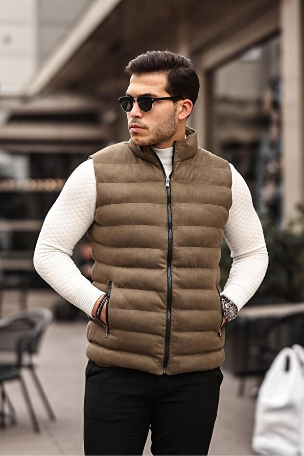 Men's Khaki Nubuck Suede Puffer Vest