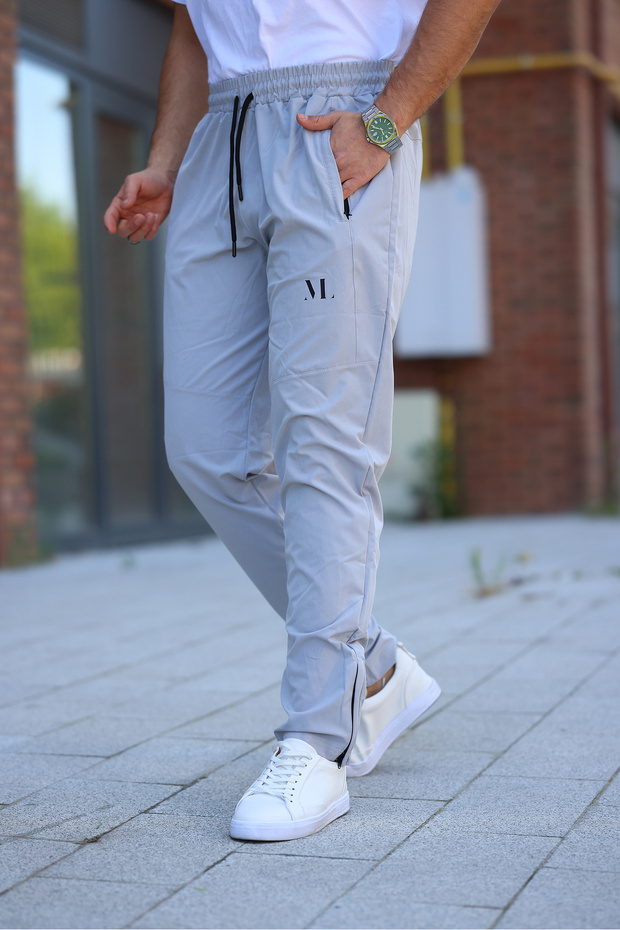 Men's Light Gray Sweatpants with Zippered Legs Quality Parachute Fabric