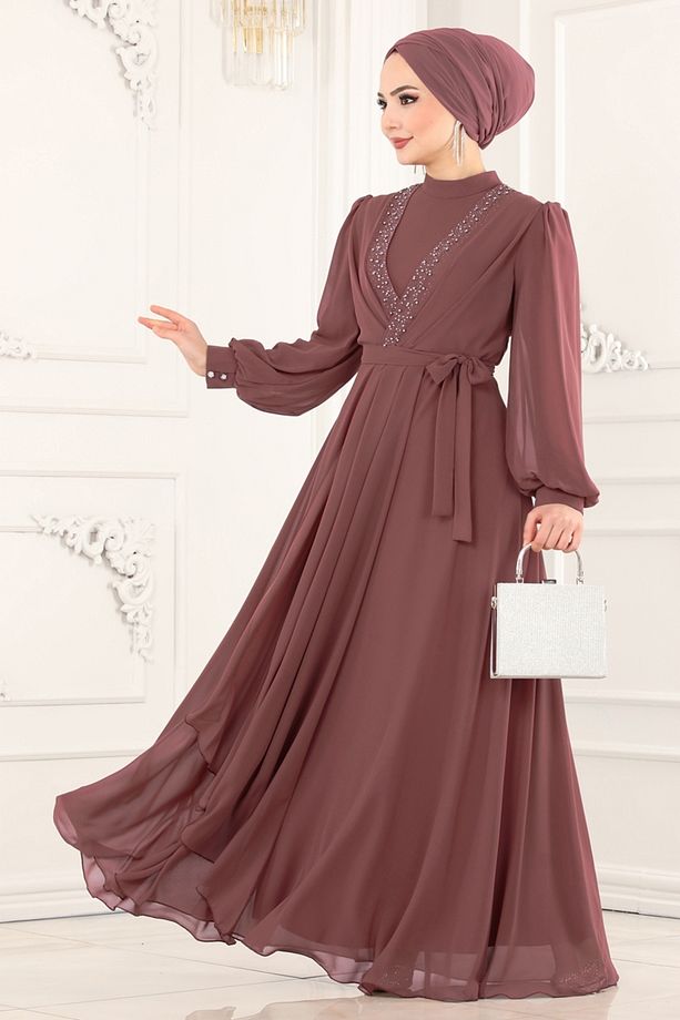 Taş İşlemeli Şifon Abiye 5408AB368 Pudra Vizyon - 7