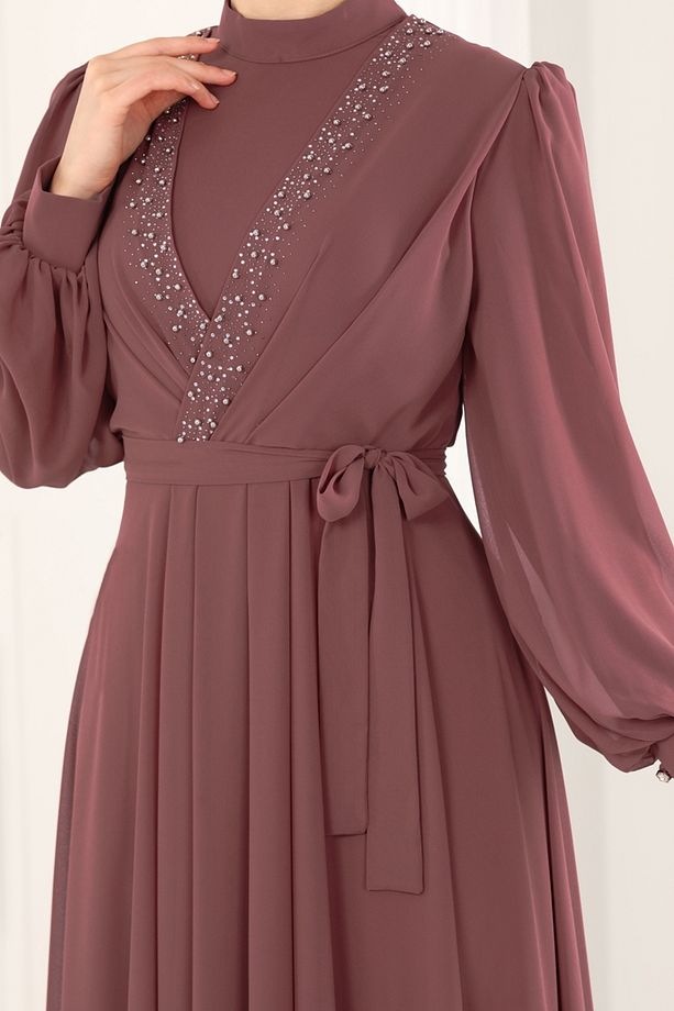 Taş İşlemeli Şifon Abiye 5408AB368 Pudra Vizyon - 5