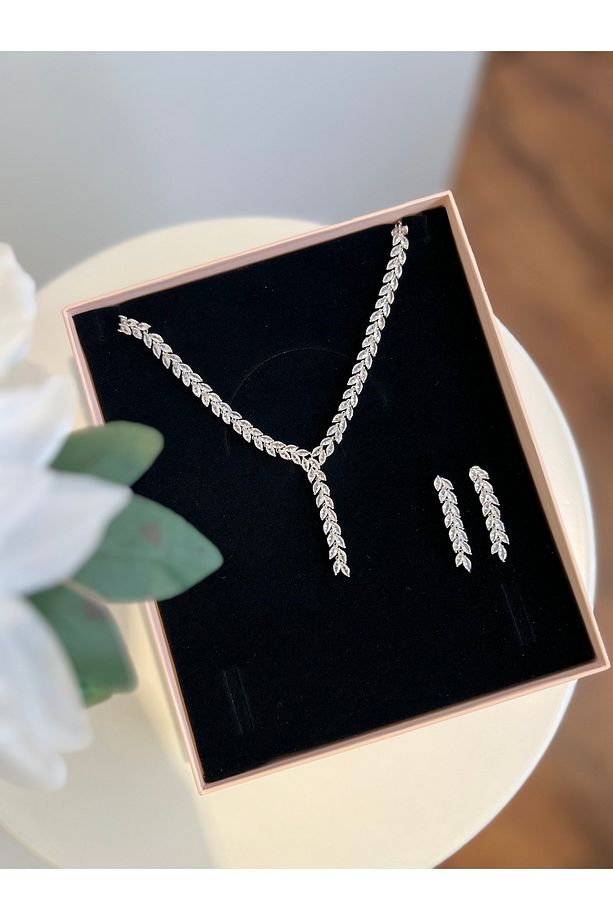 Anemone Zirkon Taşlı Takı Seti Kolye Küpe Set Düğün Nişan Seti - 8
