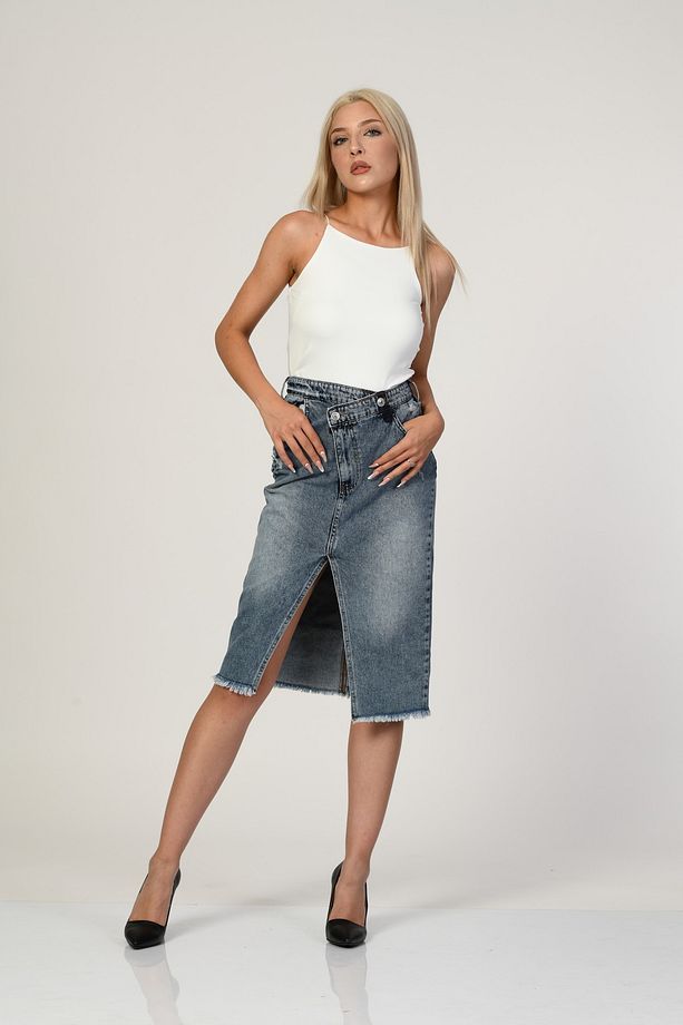 Whatsup Yüksek Bel Yırtmaçlı Denim Etek - Denim - 7