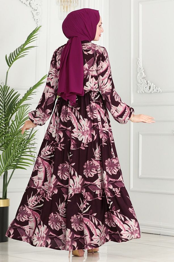 Beli Tünelli Viskon Elbise 7119BG354 Mürdüm - 4