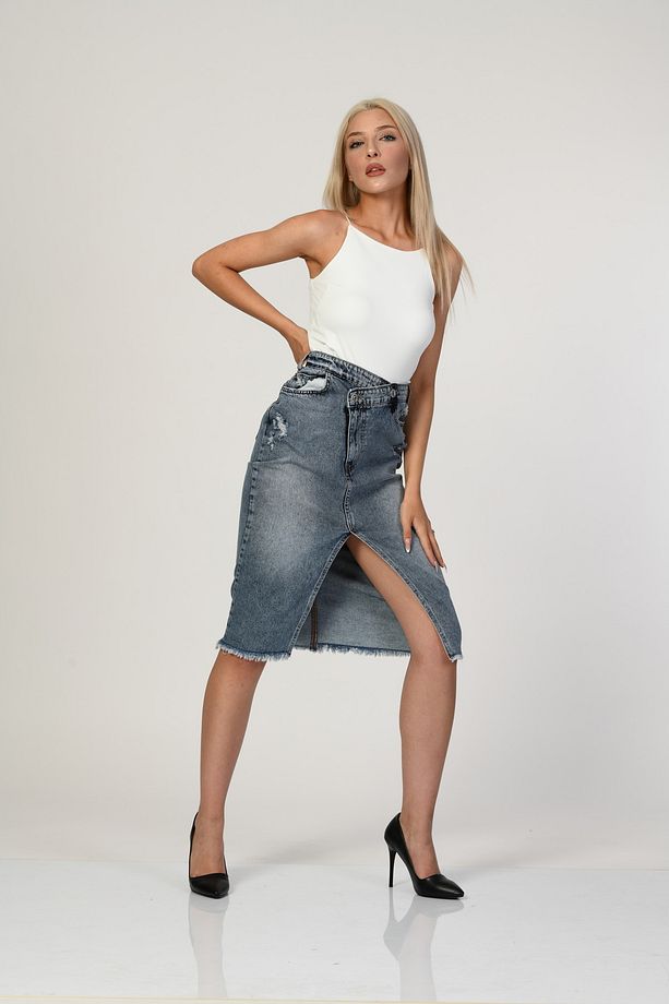 Whatsup Yüksek Bel Yırtmaçlı Denim Etek - Denim - 4