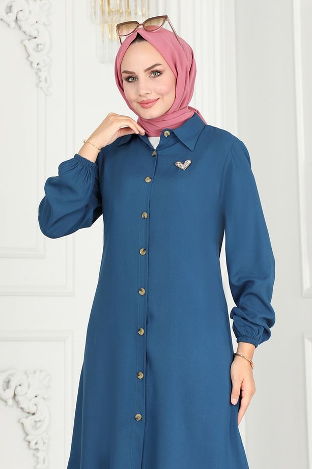 Manşeti Lastikli Viskon Tunik 0171BG354 İndigo - 2