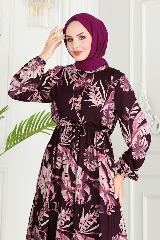 Beli Tünelli Viskon Elbise 7119BG354 Mürdüm - 3