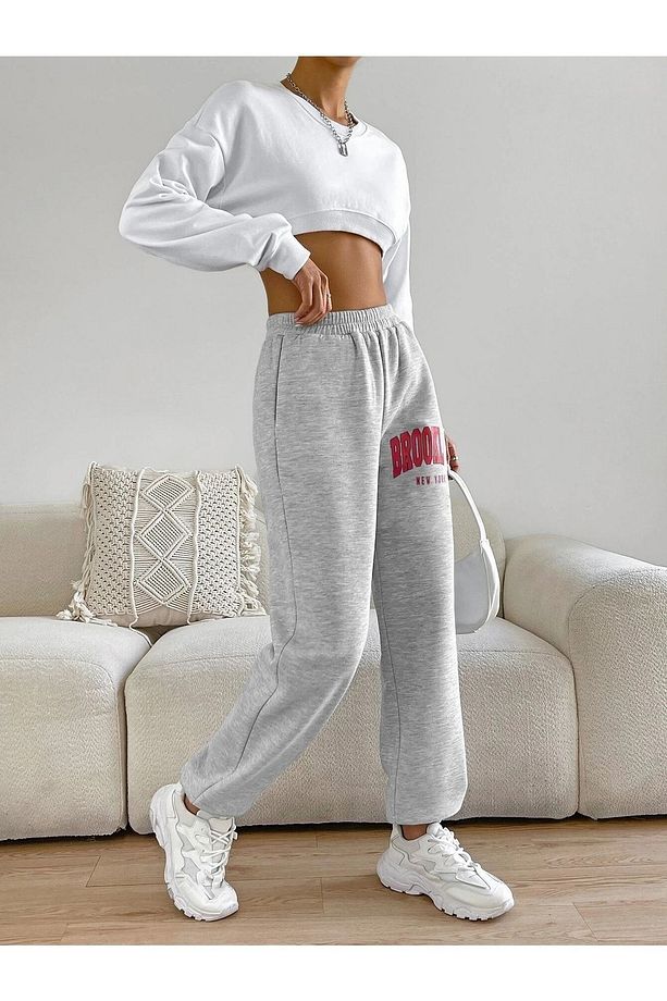 Kadın Gri Brooklyn Baskılı Lastik Paça Eşofman Altı Jogger 2 Iplik Şardonsuz - 3