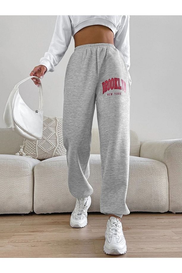 Kadın Gri Brooklyn Baskılı Lastik Paça Eşofman Altı Jogger 2 Iplik Şardonsuz - 6