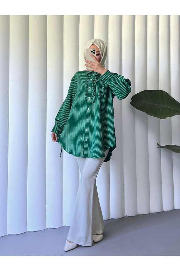 Kolu Bağcıklı Önü Fırfırlı Çizgili Gömlek Tunik -Zümrüt - 3