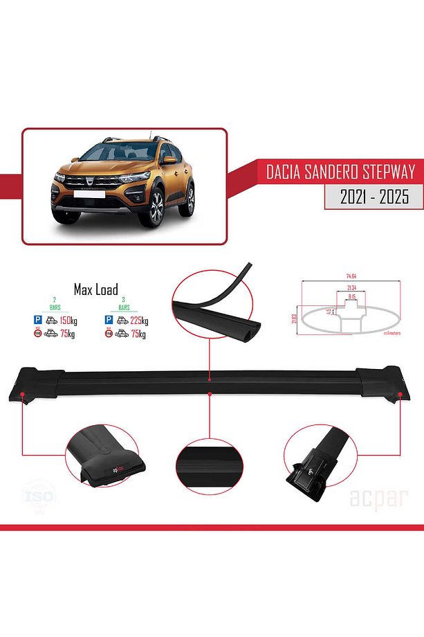 Dacia Sandero Stepway 3 2021 ve Sonrası ile Uyumlu FLY Model Ara Atkı Tavan Barı Siyah 2 Adet - 4