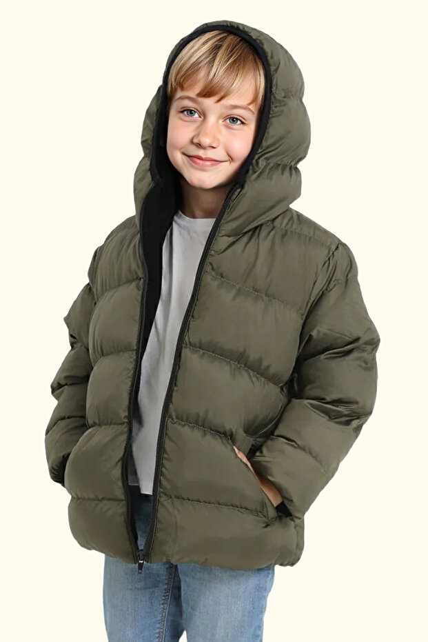 Boy's Khaki Fleece Hooded Waterproof Wind Resistant Pocket Puffer Winter Coat