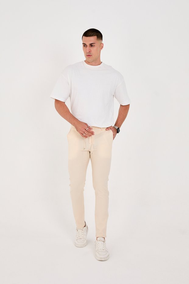 Men's Seersucker Lycra Jogger Slimfit Waist Half Elastic Cream Fabric Trousers