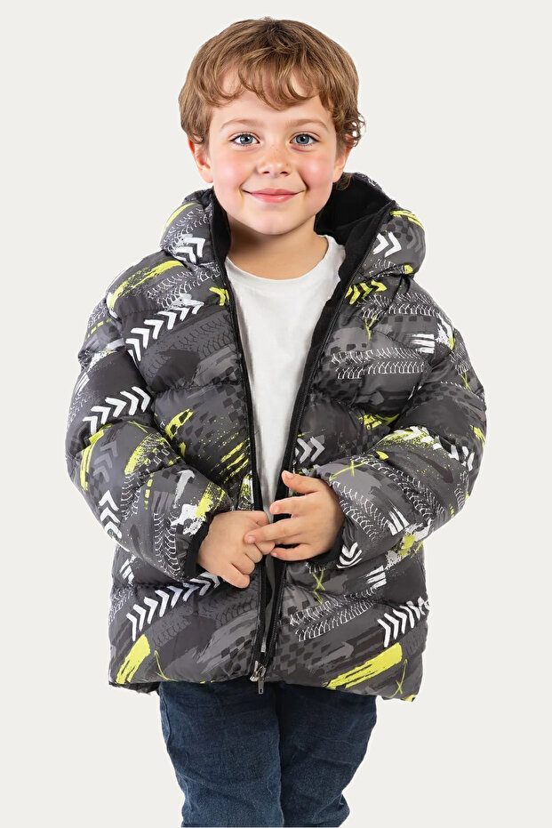 Boy's Yellow Black Digital Pattern Fleece Water and Windproof Hooded Inflatable Winter Coat