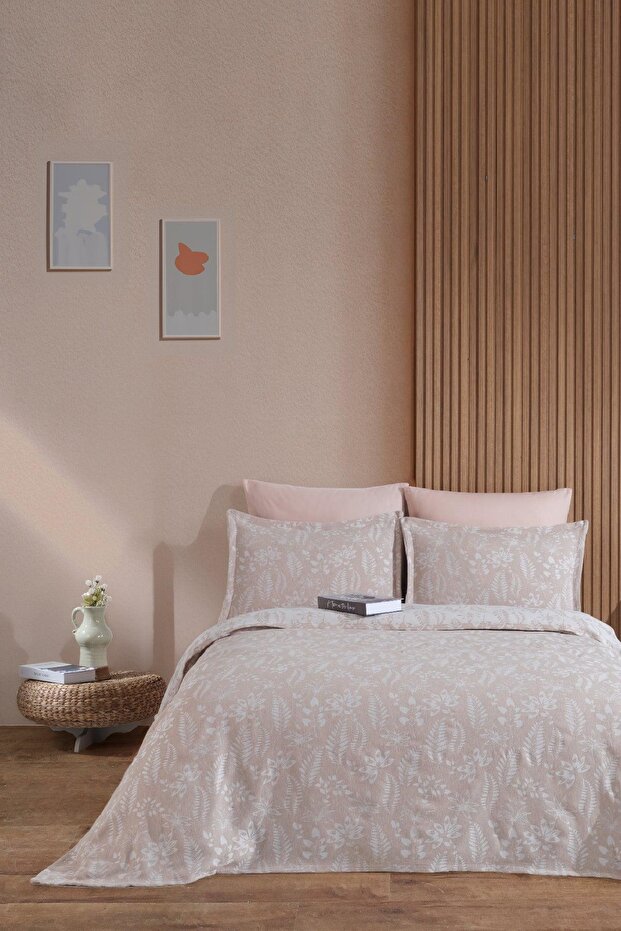 Mokka Keten Görünümlü Yatak Örtüsü Pike Seti 3 Parça Çift Kişilik Ekru - 1