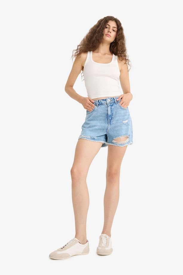 Yüksek Bel Paça Ucu Kesik Jean Şort E0504AX25SM - 3