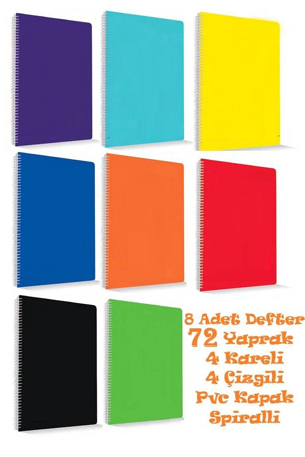 I'M Smart Defter A4 Okul Defteri 72 Yaprak 8 ADET 4 KARELİ 4 ÇİZGİLİ Spralli Pp Kapak Defter Seti - 1