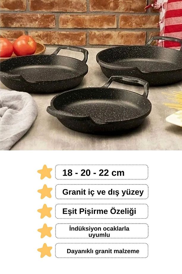3 Lü Döküm Granit Sahan Seti Tava Seti 18/20/22 Cm - 2