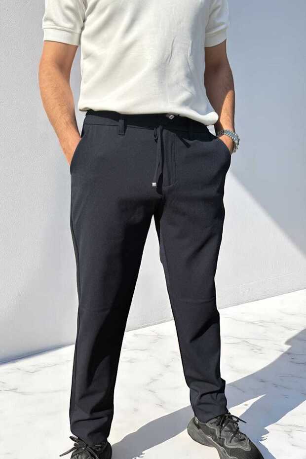 Men's Black Side Pockets Elastic Waist Lace up Comfortable Fit Fabric Relaxed Trousers