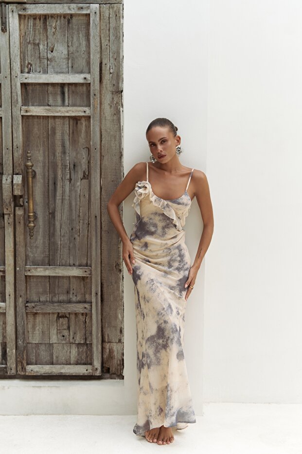 Purtyas Fırfır Detaylı Sarı Uzun Elbise - 1