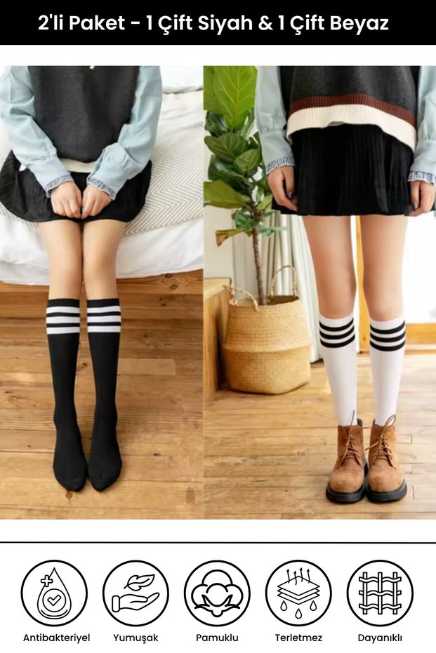 Original Women's 2-Piece Striped Below-Knee Cotton Breathable Flexible Soft and Non-Binding Tennis Style Comfort Model 4-Season Long Below-Knee Socks Set for School, College, and Daily Use 36-40 | 2 Pairs