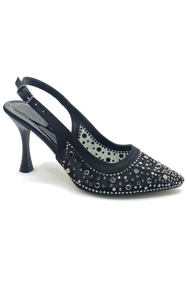Feles Open Back Transparent Stone Detailed Cinderella Women's Heeled Shoes Black
