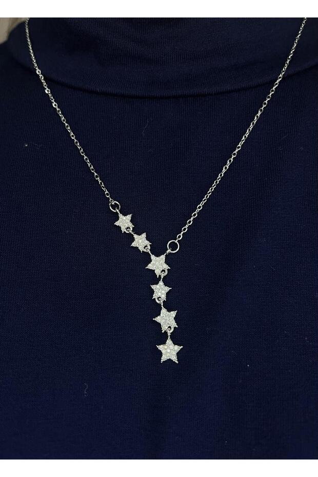 Steel Silver Color Zircon Stone Star Y Necklace