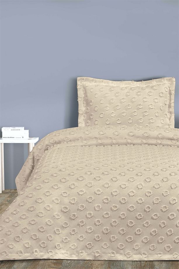 Delux Ponponlu Tek Kişilik Yatak Örtüsü Takımı 180x250 - Bej - - 1