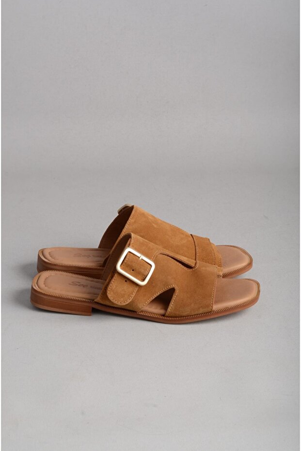 Seç 16230 Genuine Leather Women's Slippers Tan Suede