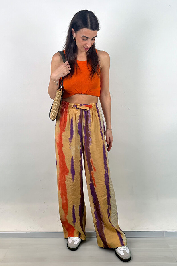 Orange Gradient Patterned Polyamide Viscose Draped Palazzo Trousers