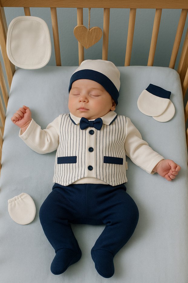 Pocketed Vested Striped Model Newborn Baby Boy 5 Piece Hospital Discharge Bodysuit Set