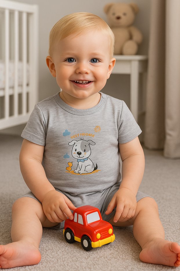 Girl and Boy Baby Short Jumpsuit Barbatöz Soft 100% Cotton Fabric Cute Dog Themed 6 Months - 24 Months