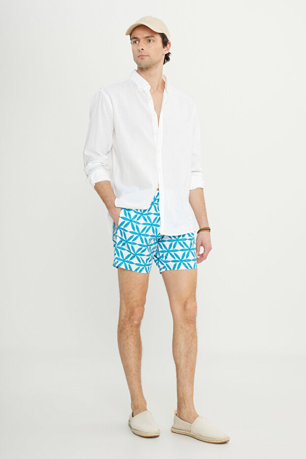 Erkek Beyaz Mint Cepli Hızlı Kuruyan Desenli Standart Fit Normal Kesim Mayo Deniz Şortu - 8