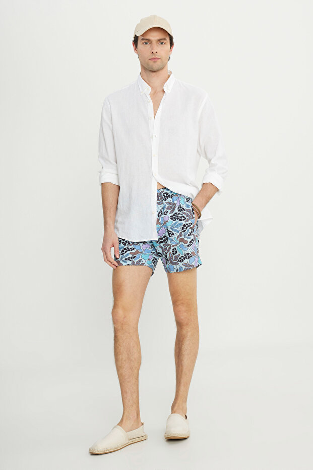 Erkek Mavi Cepli Hızlı Kuruyan Desenli Standart Fit Normal Kesim Mayo Deniz Şortu - 2