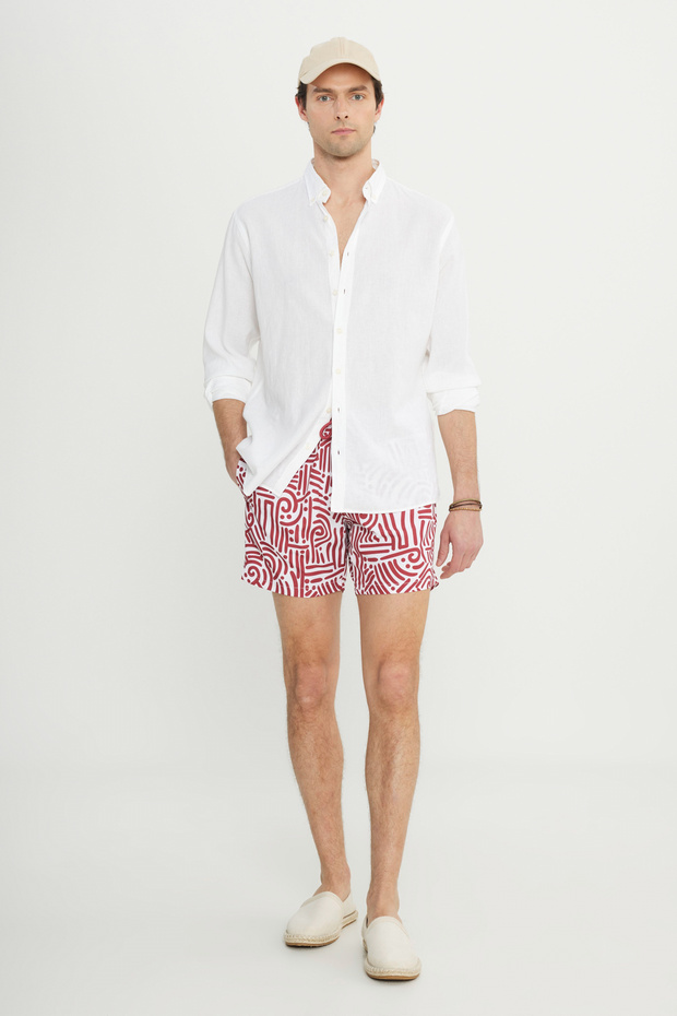 Erkek Beyaz Siyah Cepli Hızlı Kuruyan Desenli Standart Fit Normal Kesim Mayo Deniz Şortu - 8