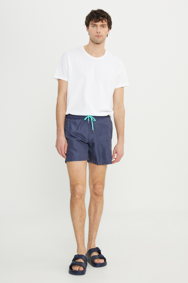 Erkek Lacivert Hızlı Kuruyan Yan Cepli Desenli Standart Fit Normal Kesim Deniz Şortu Mayo - 6